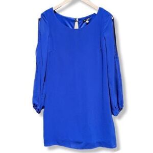 As U Wish Mini Dress Cold Shoulder Blue Sheer Lined Key Hole Long Sleeve Size S